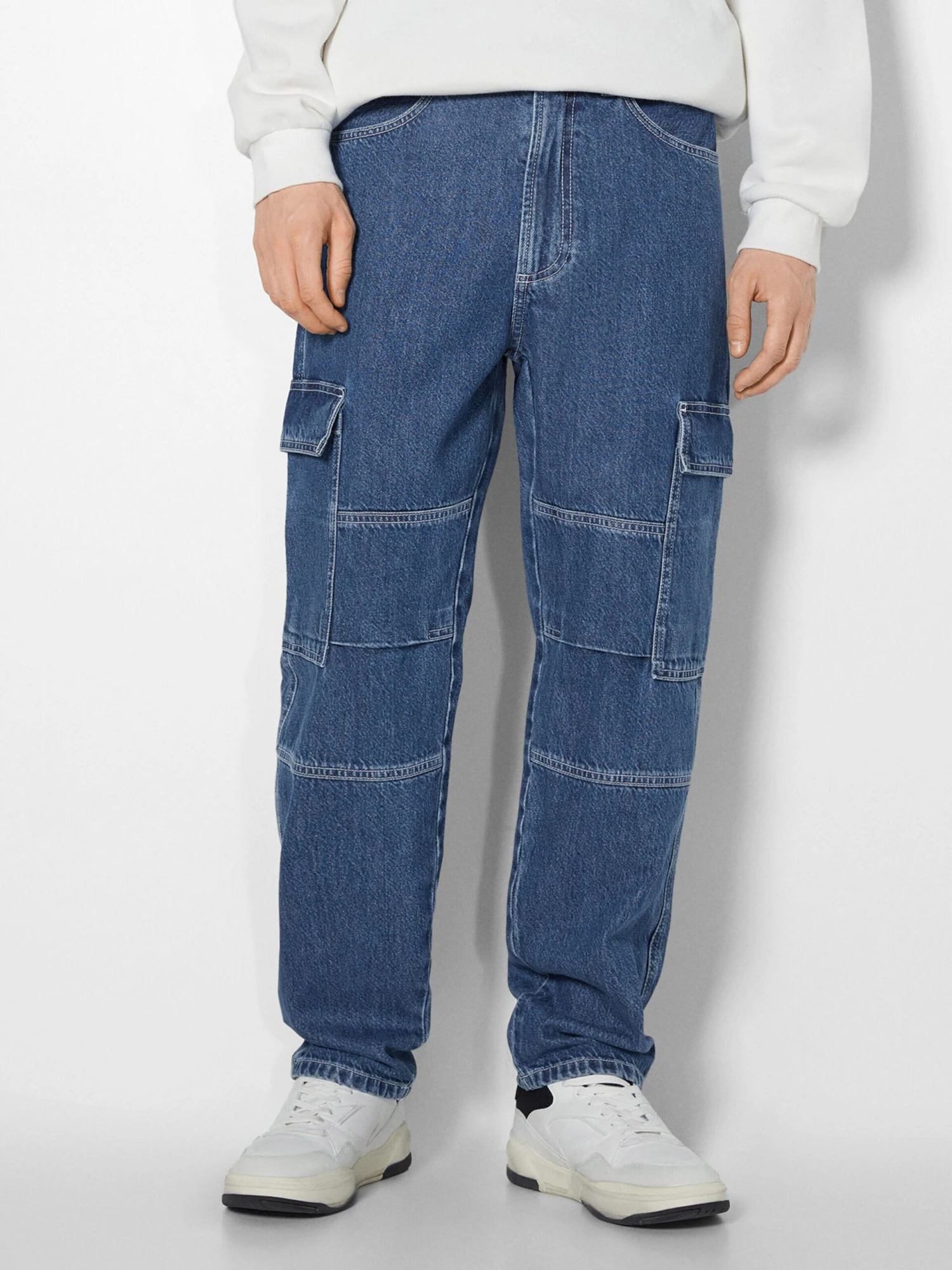 BERSHKA Loose Fit Loosefit Cargojeans Mænd Blå - Billede 2