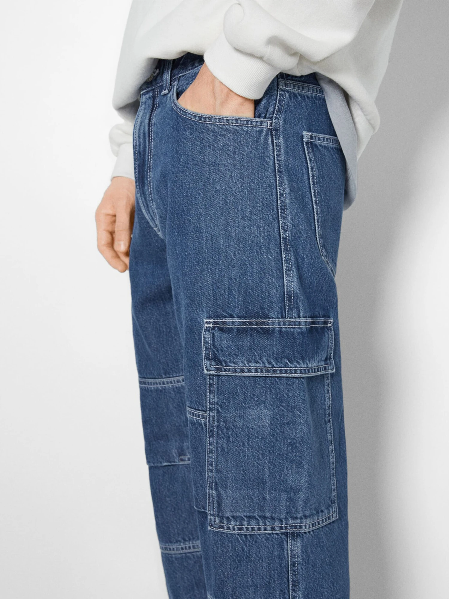 BERSHKA Loose Fit Loosefit Cargojeans Mænd Blå - Billede 4
